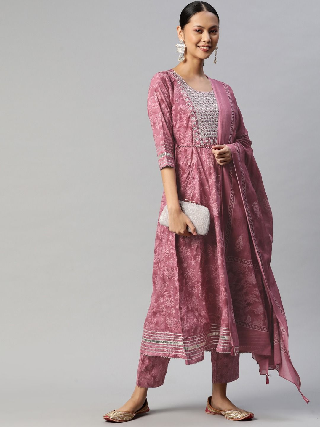 Anarkali Style Cotton Fabric Mauve Color Kurta With Bottom And Dupatta