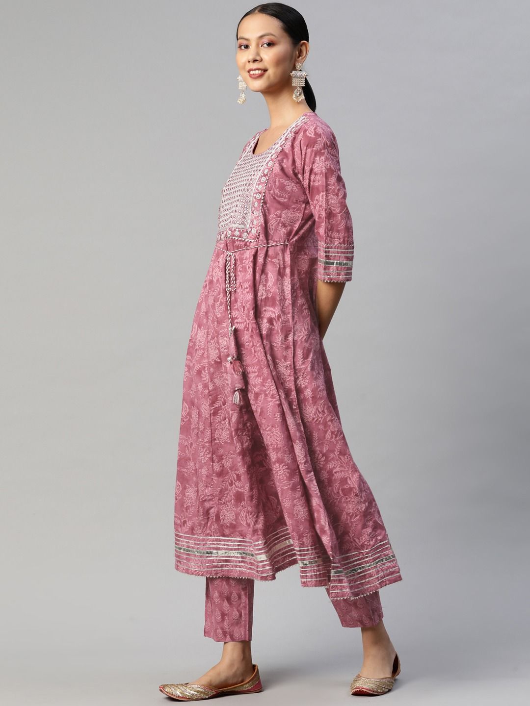 Anarkali Style Cotton Fabric Mauve Color Kurta With Bottom And Dupatta