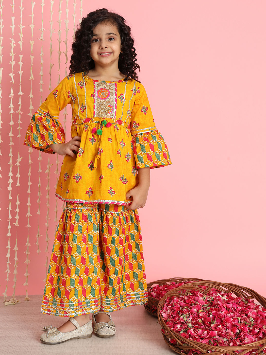 Frock Style Cotton Fabric Orange Color Printed Kurta And Sharara