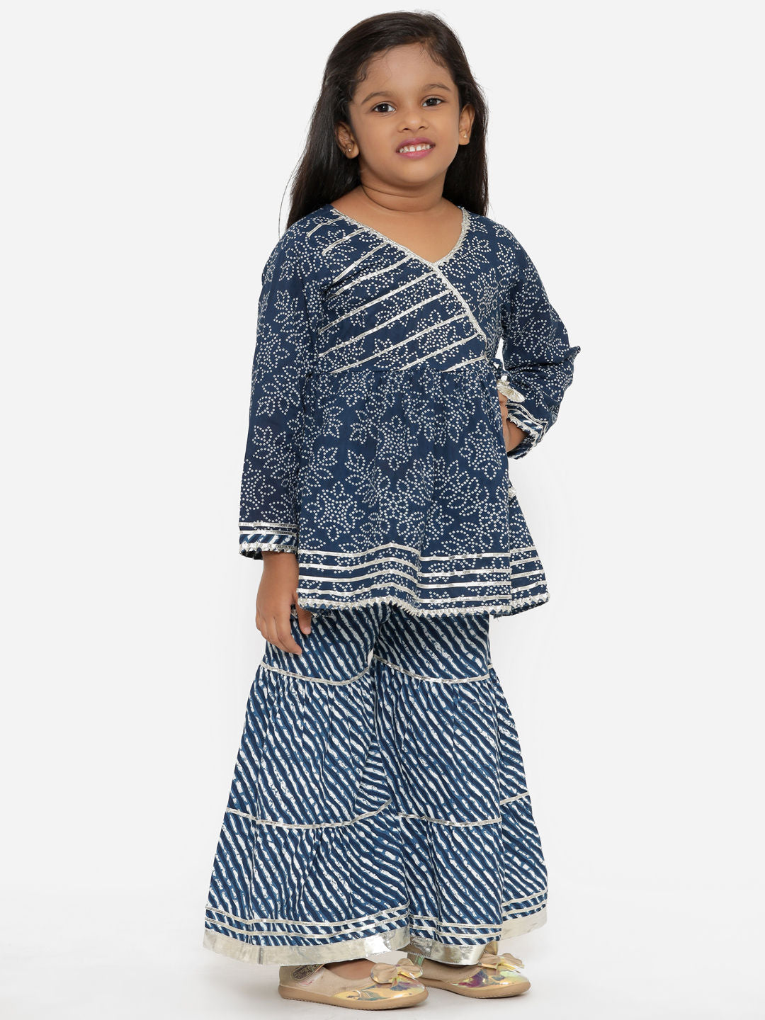 Angrakha Style Cotton Fabric Blue Color Printed Kurta With Sharara