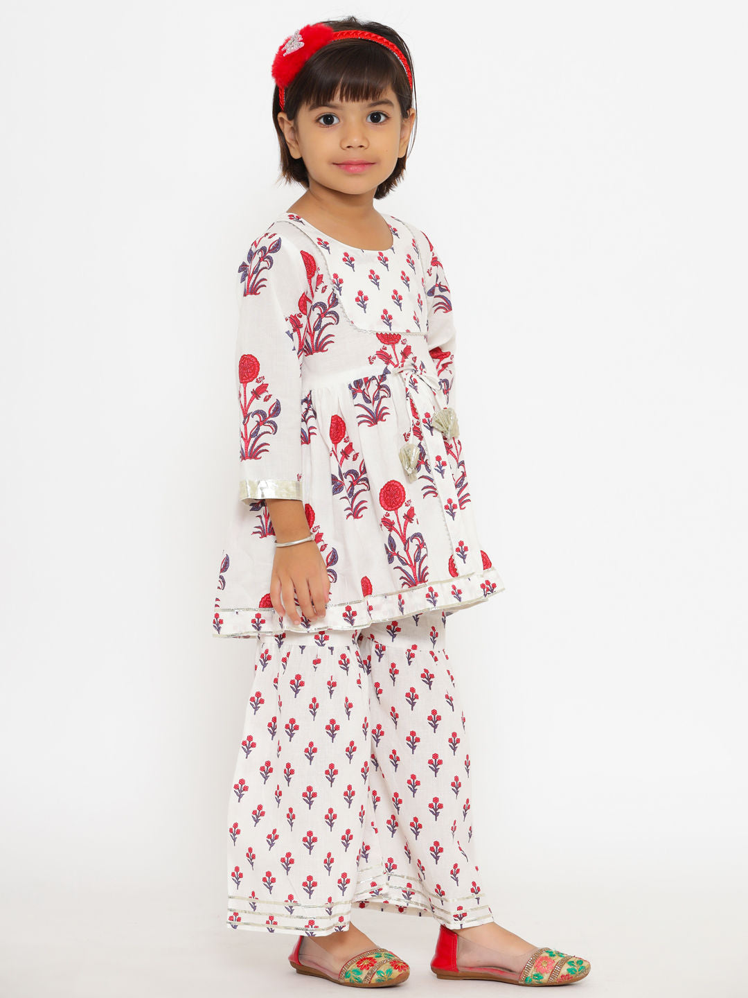 Frock Style Cotton Fabric White Color Printed Kurta With Sharara