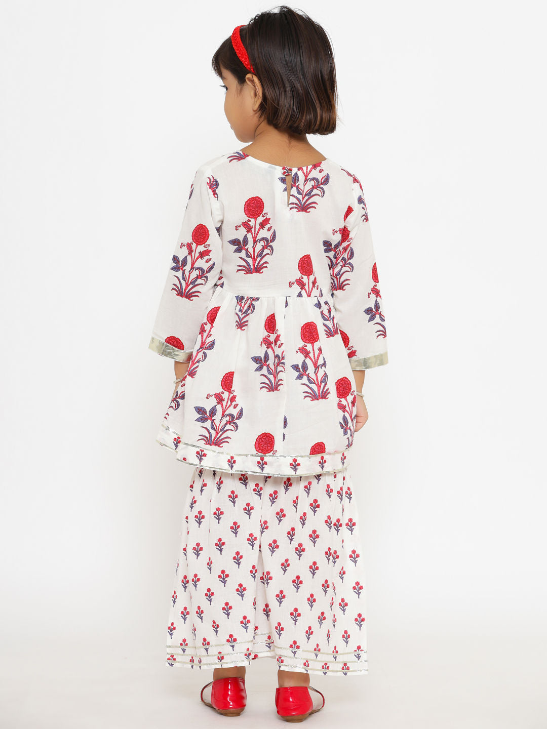 Frock Style Cotton Fabric White Color Printed Kurta With Sharara