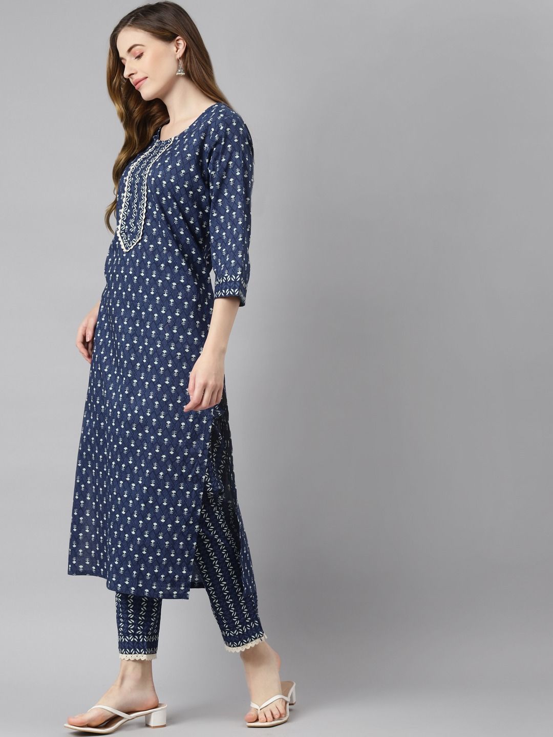 Cotton Fabric Blue Color Straight Style Printed Kurta & Bottom
