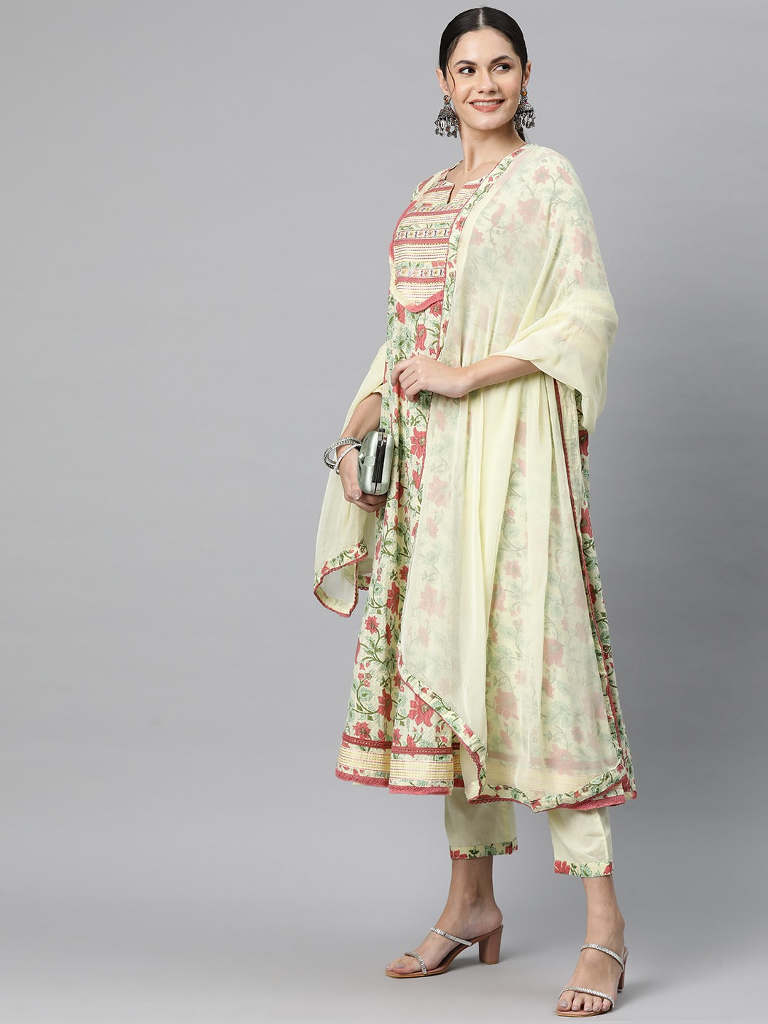 Anarkali Style Cotton Fabric Yellow Colour Kurti With Bottom & Dupatta