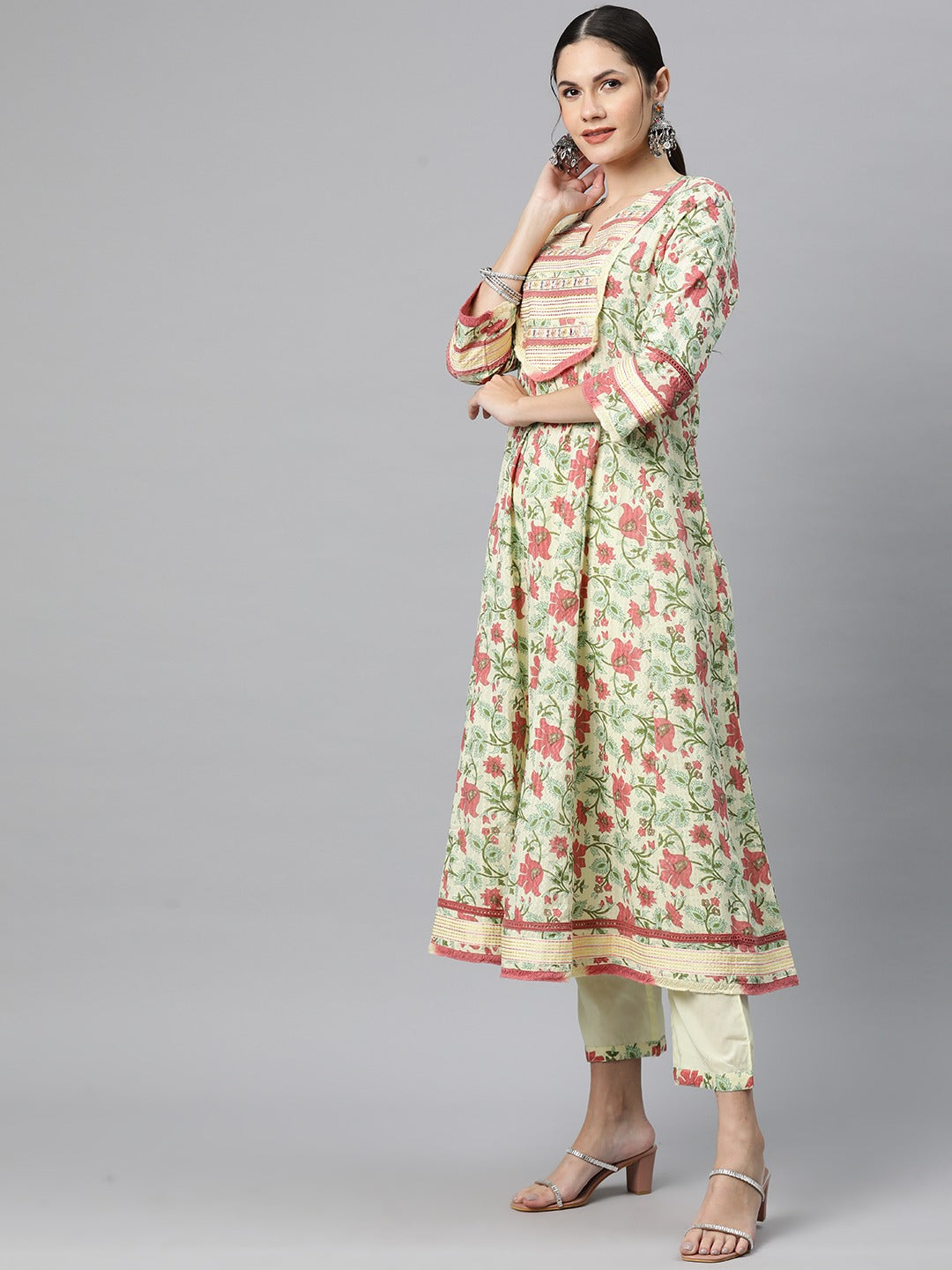 Anarkali Style Cotton Fabric Yellow Colour Kurti With Bottom & Dupatta