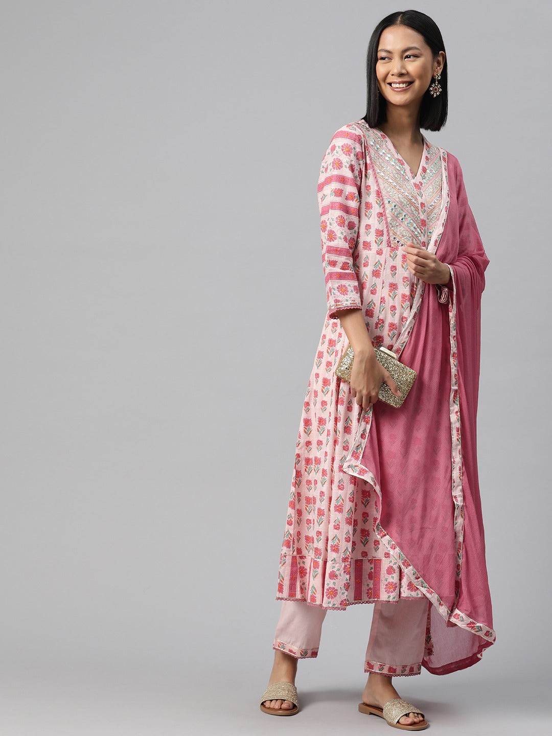 Anarkali Style Cotton Fabric Pink Colour Kurti With Bottom & Dupatta