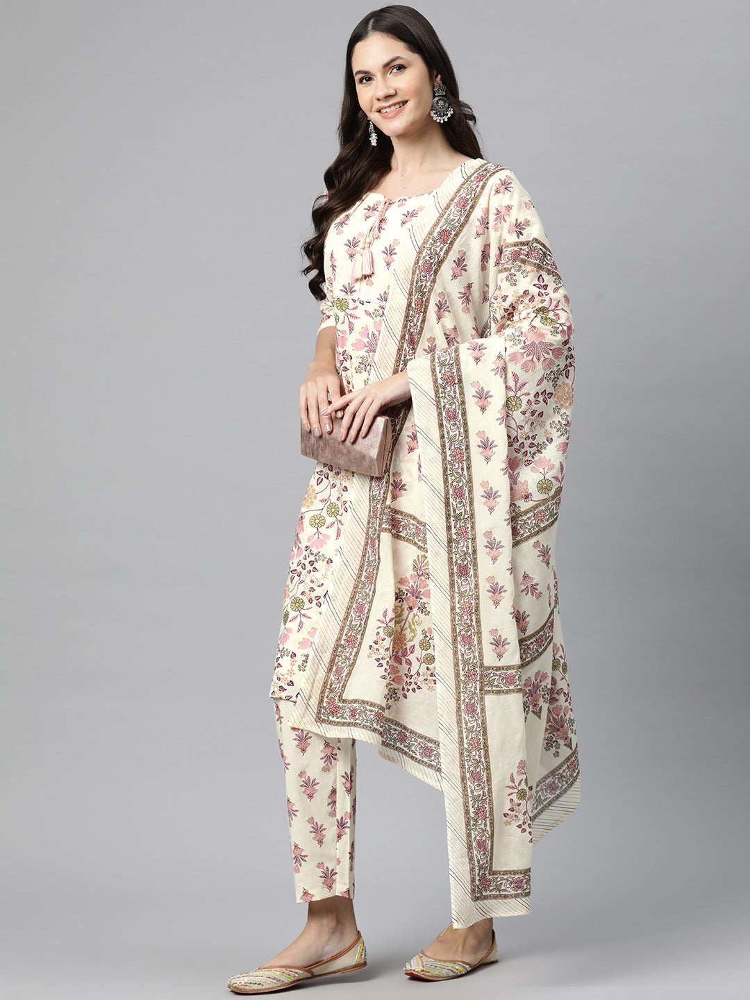 Straight Style Cotton Fabric Pink Color Kurta And Bottom With Dupatta