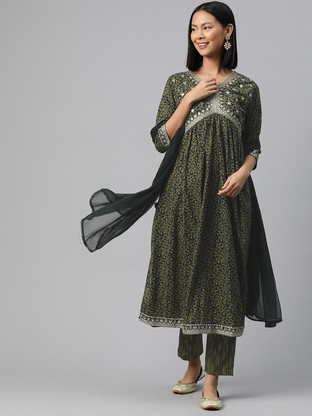 Anarkali Style Cotton Fabric Green Color Kurta And Bottom With Dupatta
