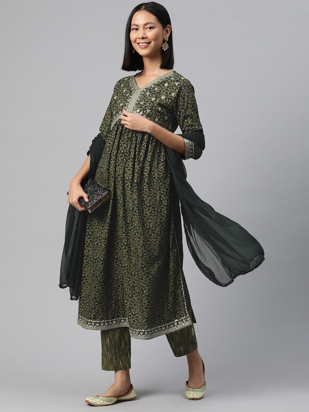 Anarkali Style Cotton Fabric Green Color Kurta And Bottom With Dupatta