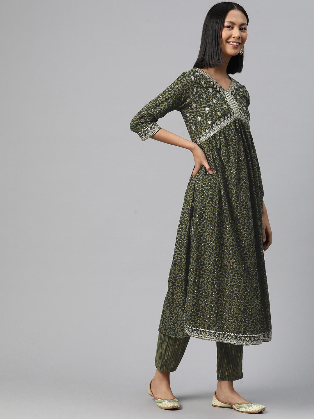 Anarkali Style Cotton Fabric Green Color Kurta And Bottom With Dupatta