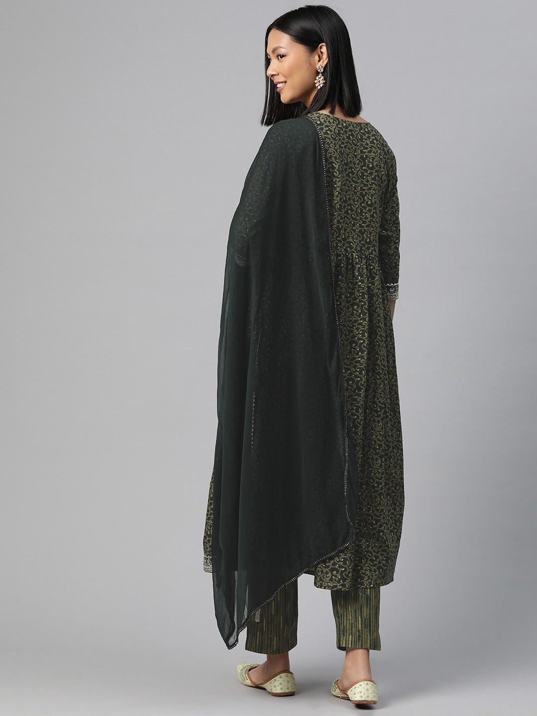 Anarkali Style Cotton Fabric Green Color Kurta And Bottom With Dupatta