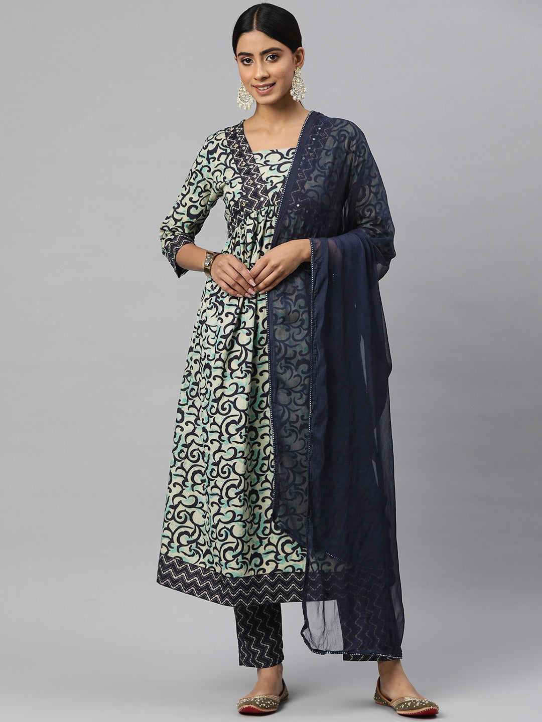 Anarkali Style Cotton Fabric Navy Blue Color Kurta And Bottom With Dupatta