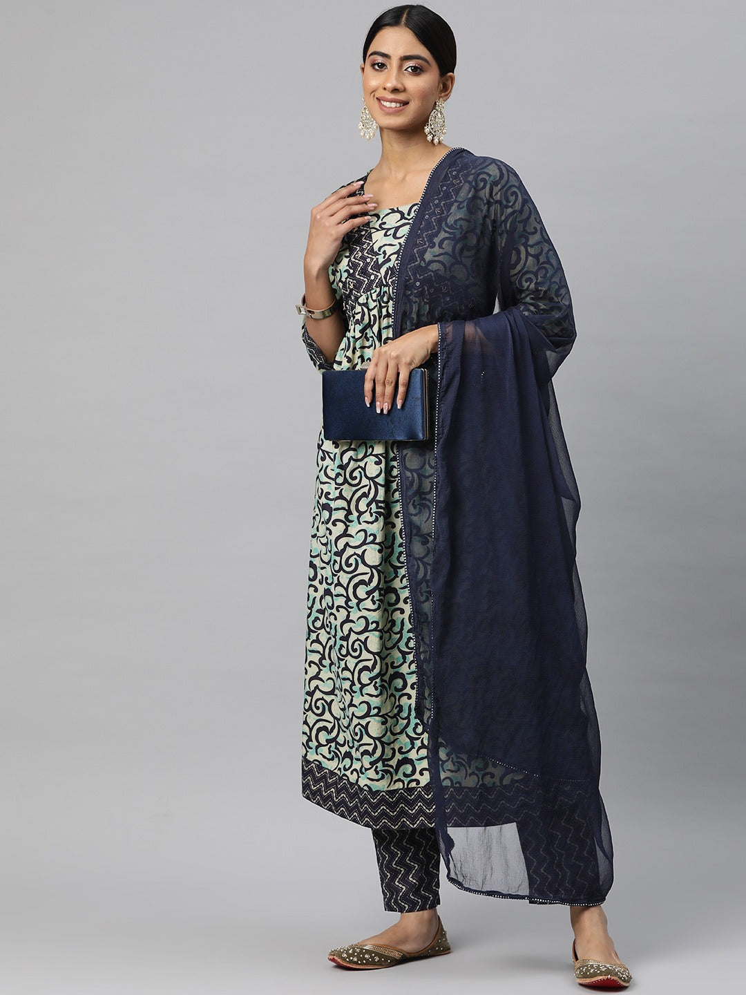 Anarkali Style Cotton Fabric Navy Blue Color Kurta And Bottom With Dupatta
