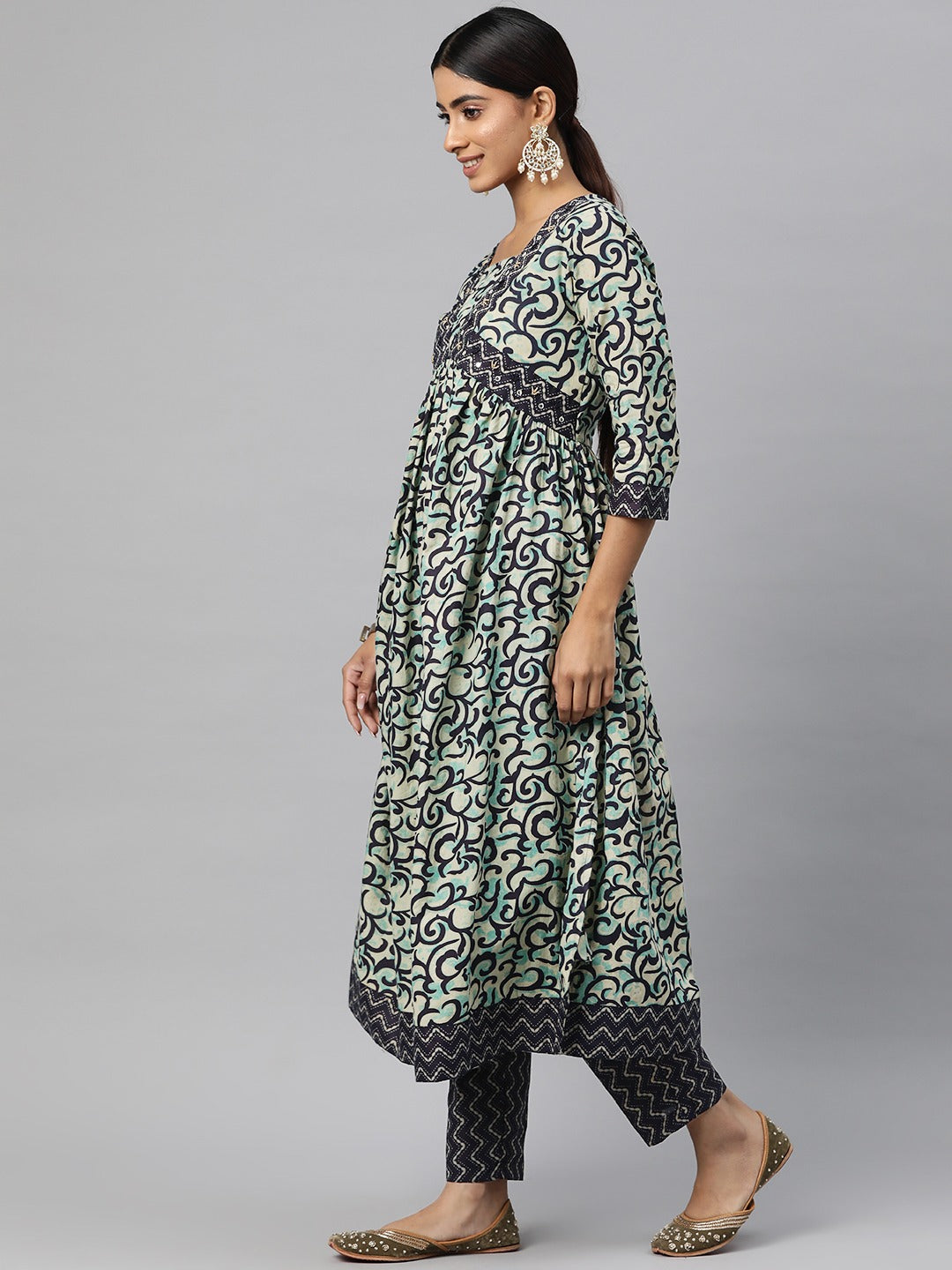 Anarkali Style Cotton Fabric Navy Blue Color Kurta And Bottom With Dupatta
