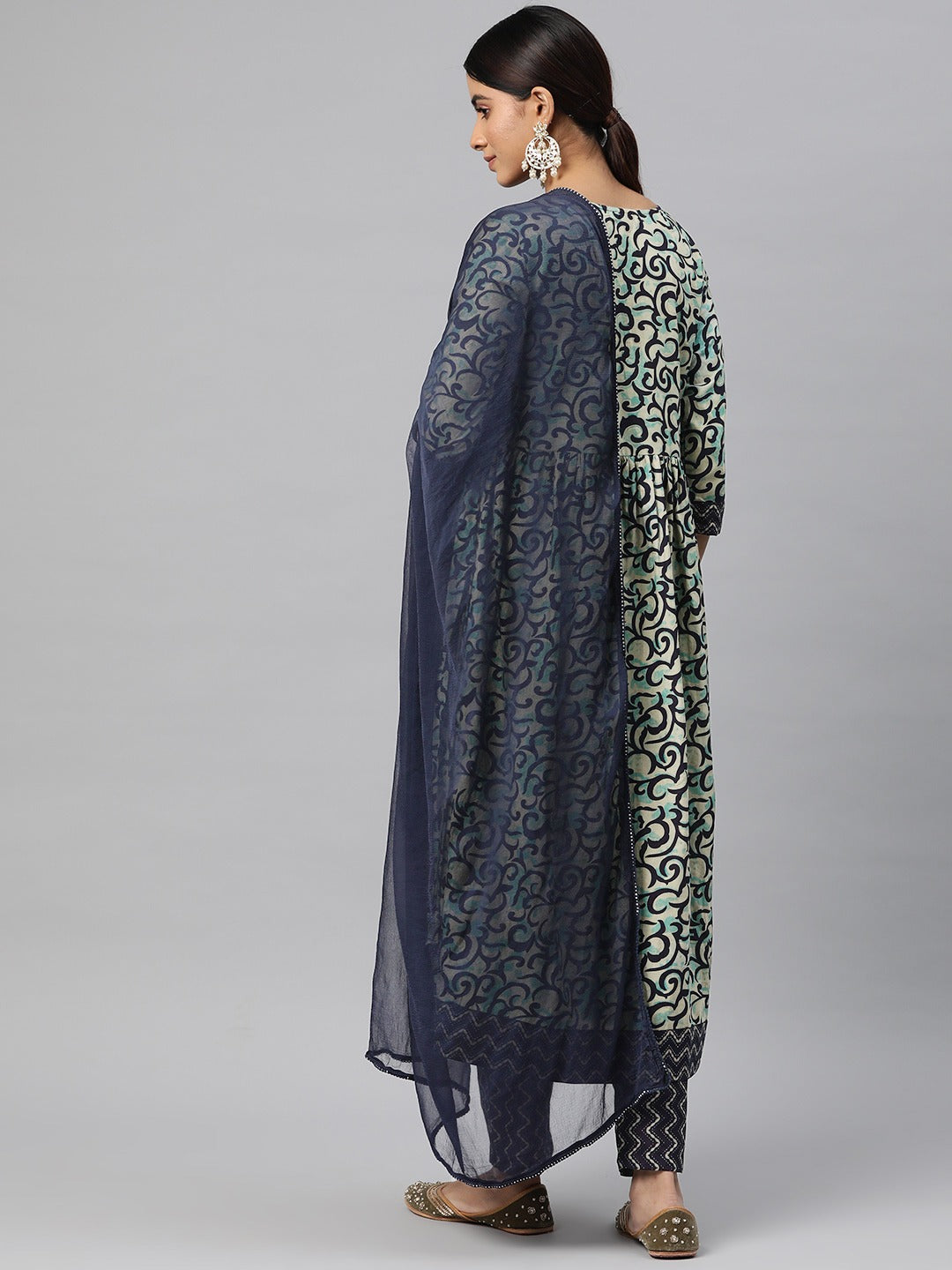 Anarkali Style Cotton Fabric Navy Blue Color Kurta And Bottom With Dupatta