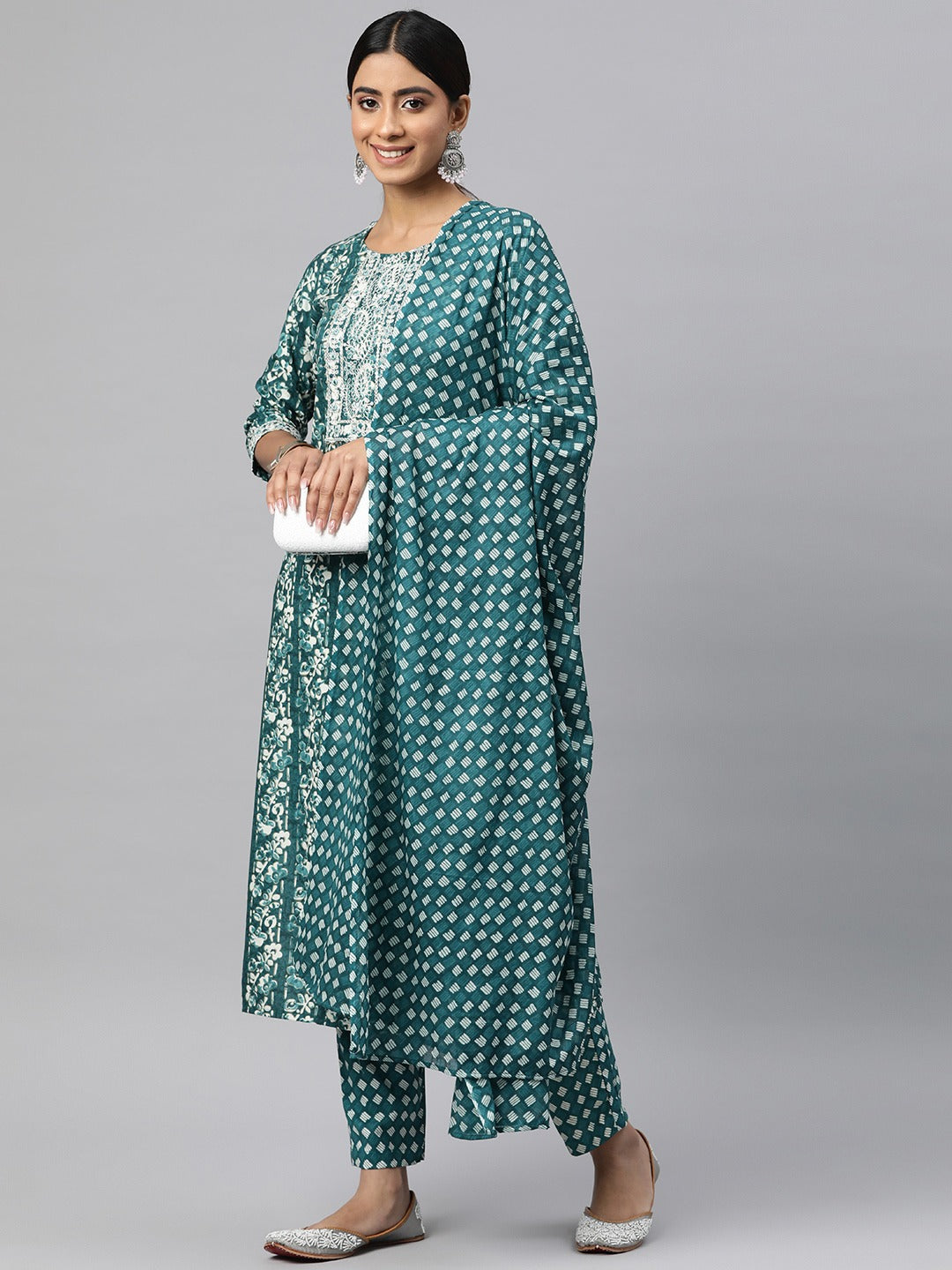 Straight Style Cotton Fabric Sea Green Color Kurta And Bottom With Dupatta