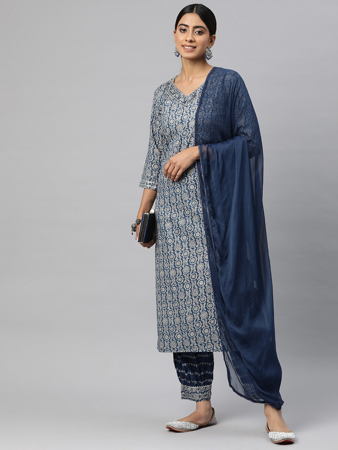 Straight Style Cotton Fabric Blue Color Kurta And Bottom With Dupatta