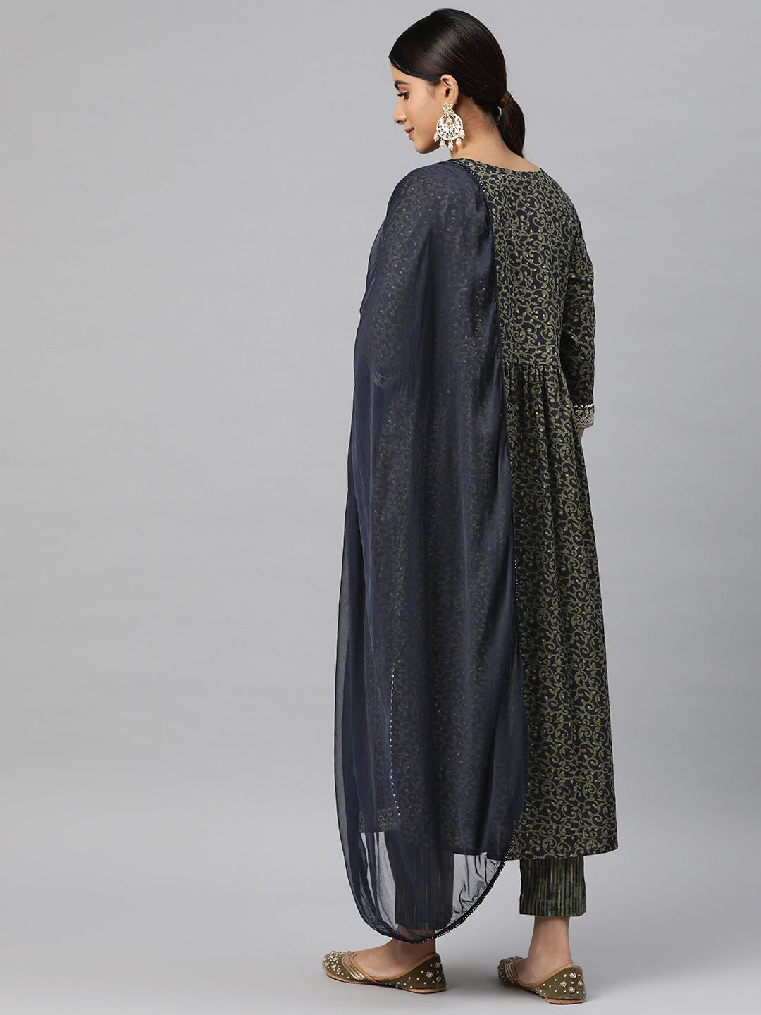 Flared Style Cotton Fabric Navy Blue Color Kurta And Bottom With Dupatta