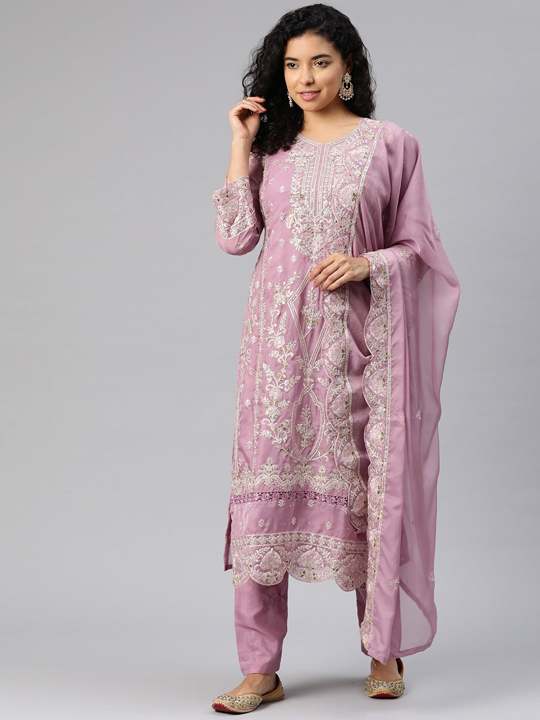 Pakistani Style Organza Fabric Mauve Color Kurti With Bottom And Dupatta