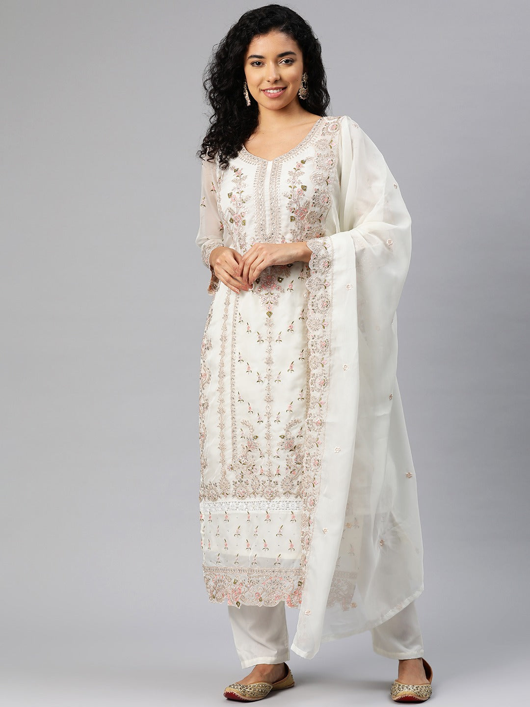 Pakistani Style Organza Fabric Off White Color Kurti With Bottom And Dupatta