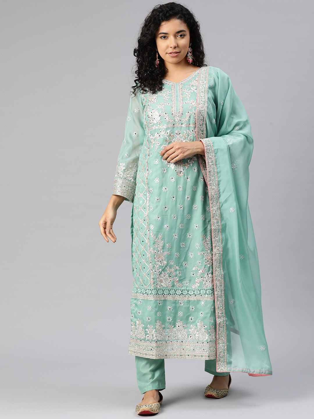 Pakistani Style Organza Fabric Sea Green Color Kurti With Bottom And Dupatta