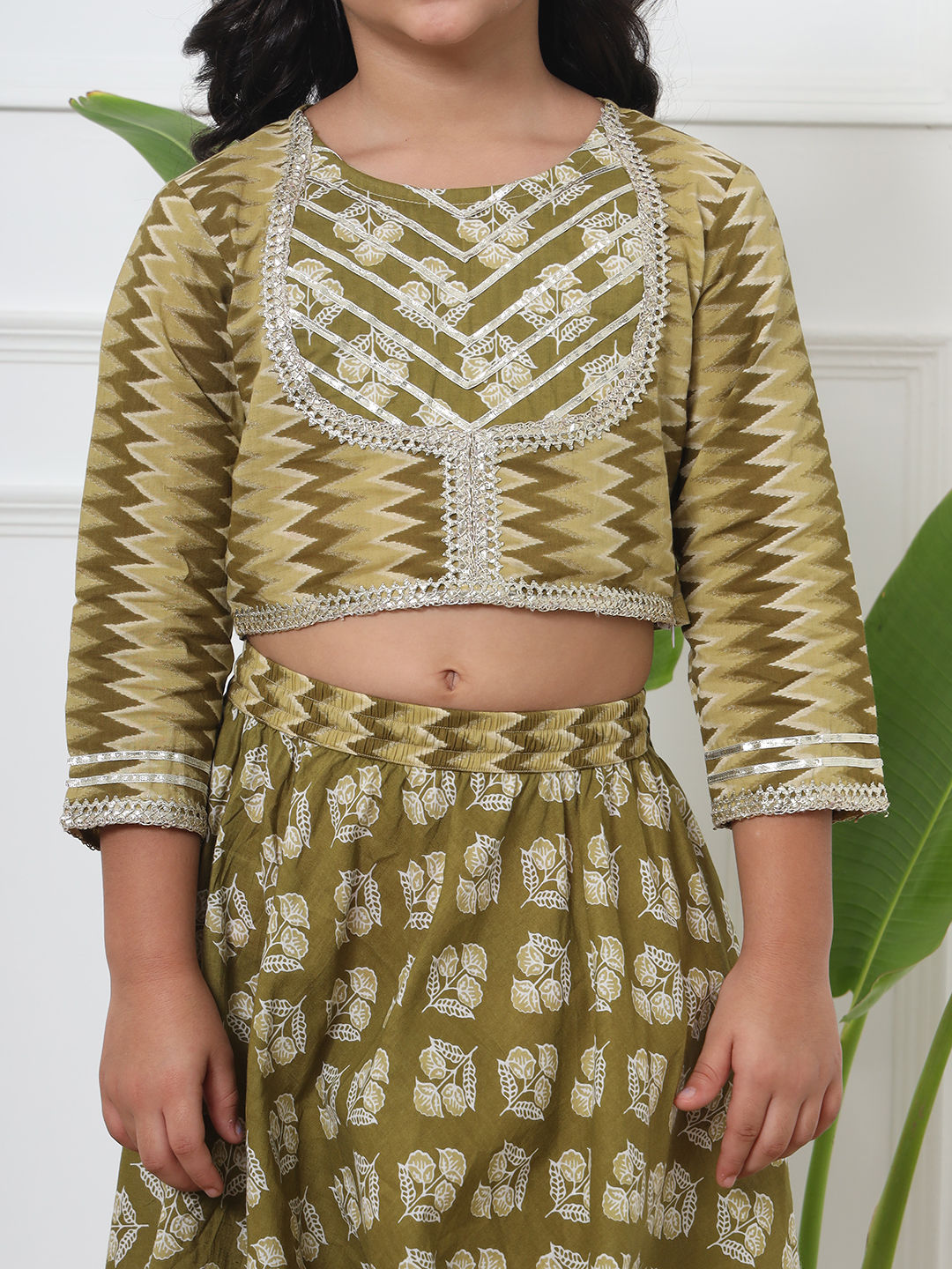 Straight Style Cotton Fabric Green Color Printed Lehenga Choli