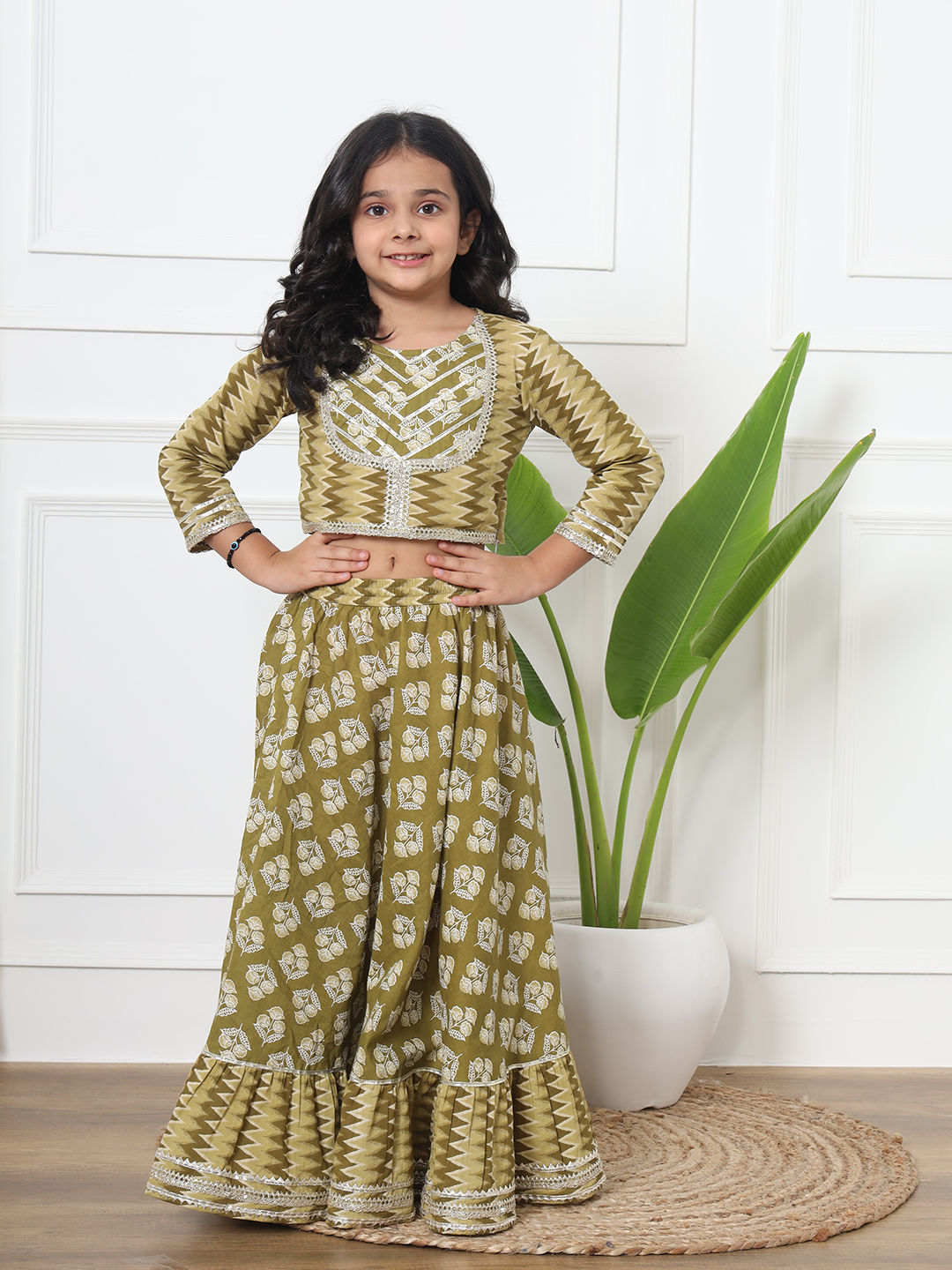 Straight Style Cotton Fabric Green Color Printed Lehenga Choli