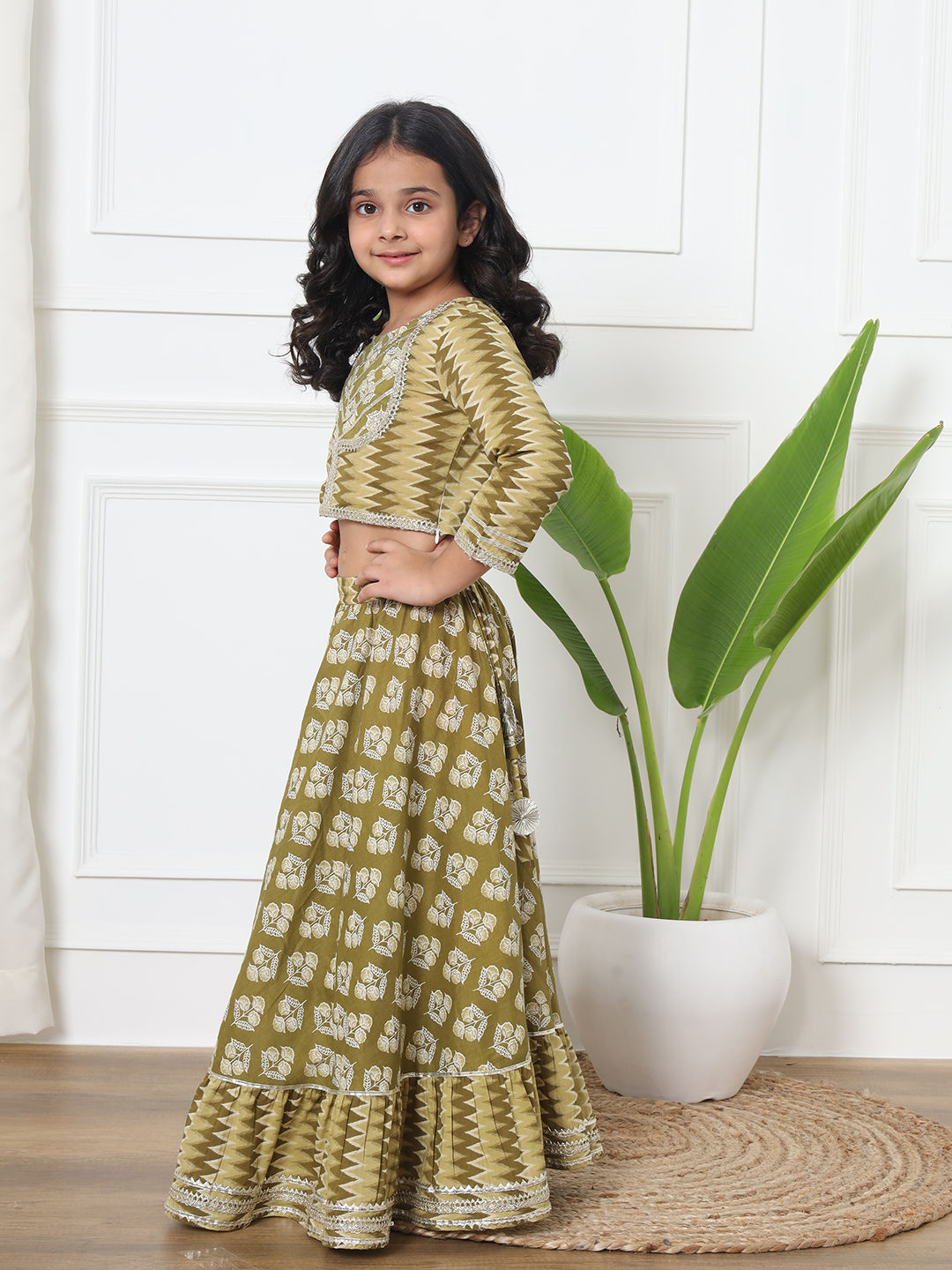 Straight Style Cotton Fabric Green Color Printed Lehenga Choli