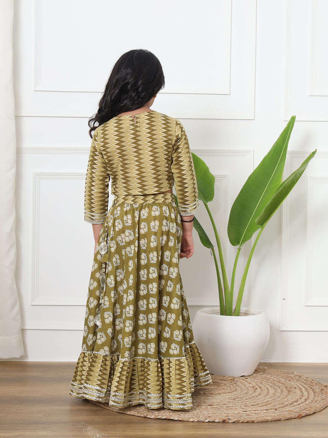 Straight Style Cotton Fabric Green Color Printed Lehenga Choli