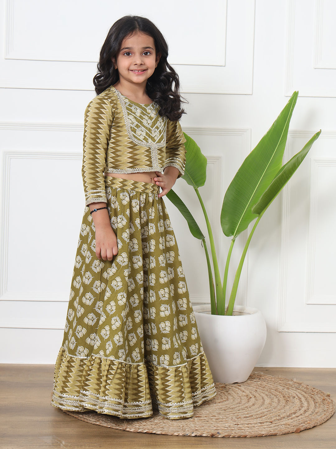 Straight Style Cotton Fabric Green Color Printed Lehenga Choli