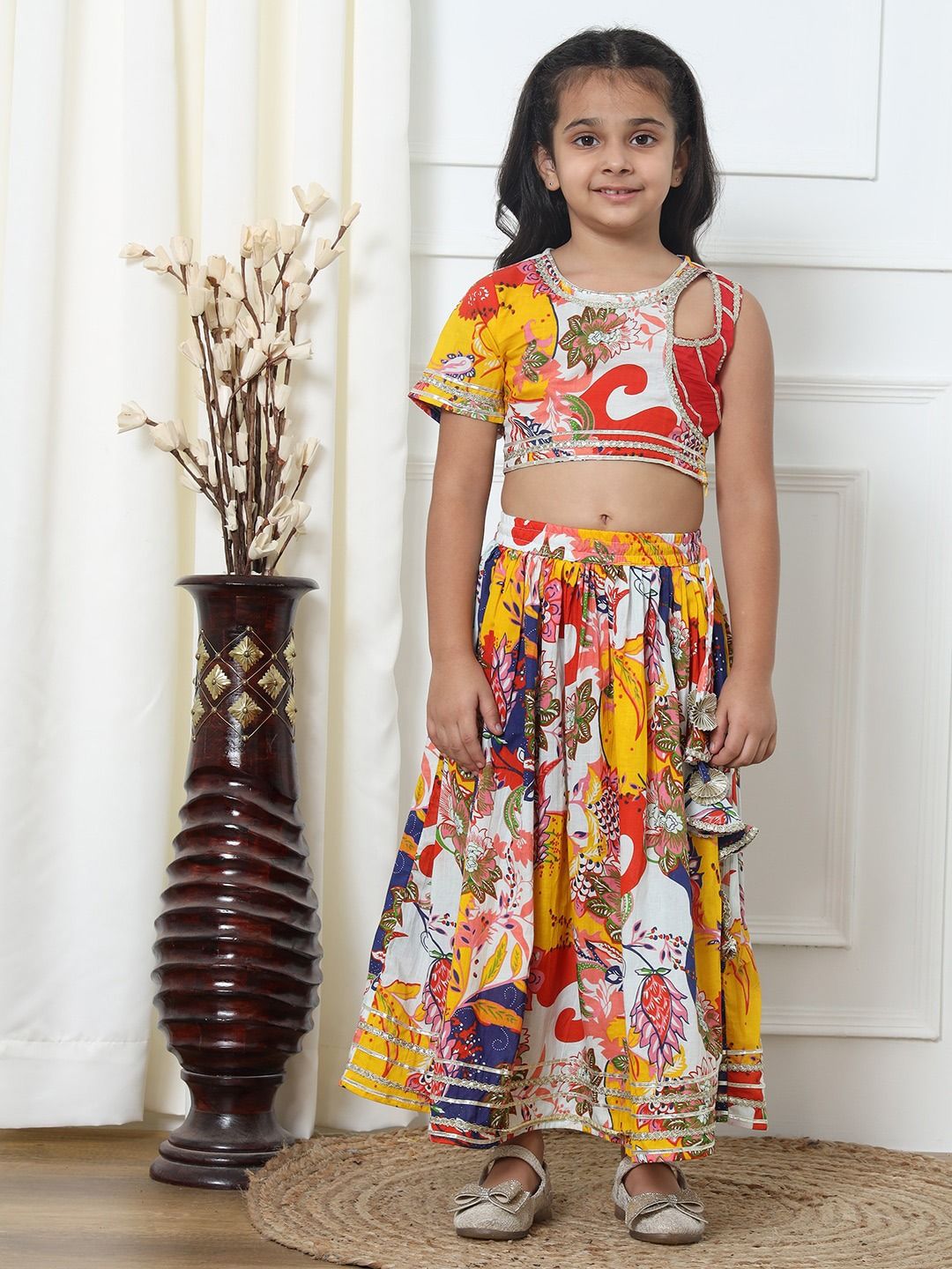 Straight Style Cotton Fabric Yellow Color Printed Lehenga Choli