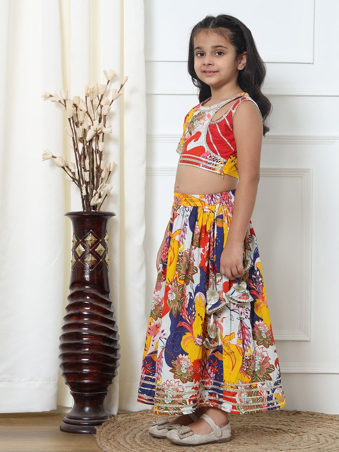 Straight Style Cotton Fabric Yellow Color Printed Lehenga Choli