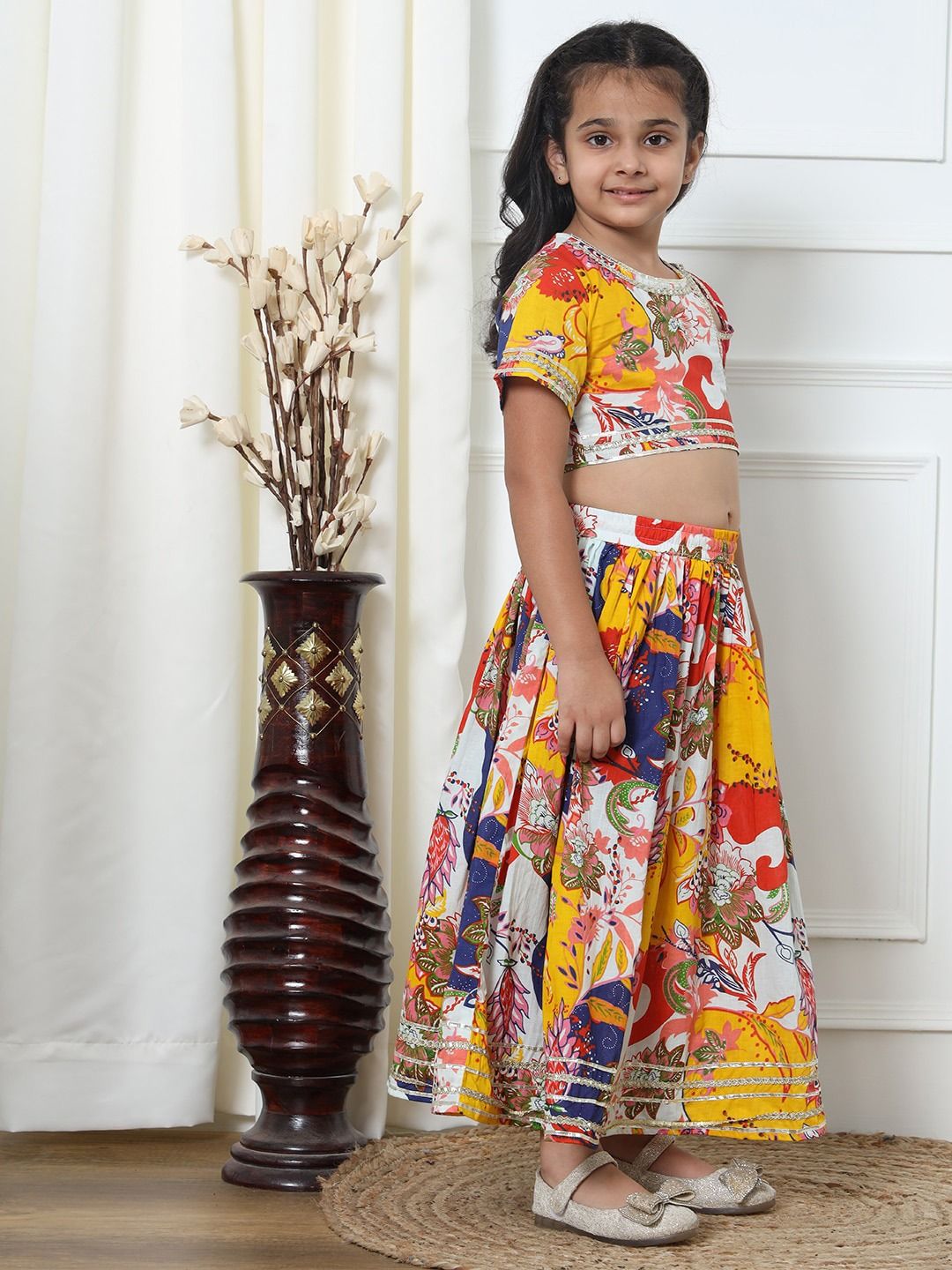 Straight Style Cotton Fabric Yellow Color Printed Lehenga Choli