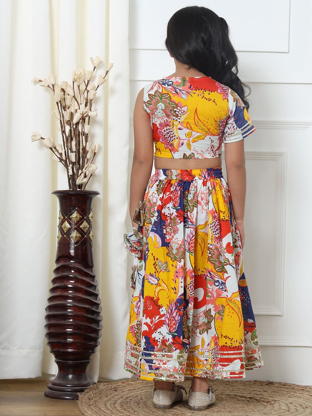 Straight Style Cotton Fabric Yellow Color Printed Lehenga Choli