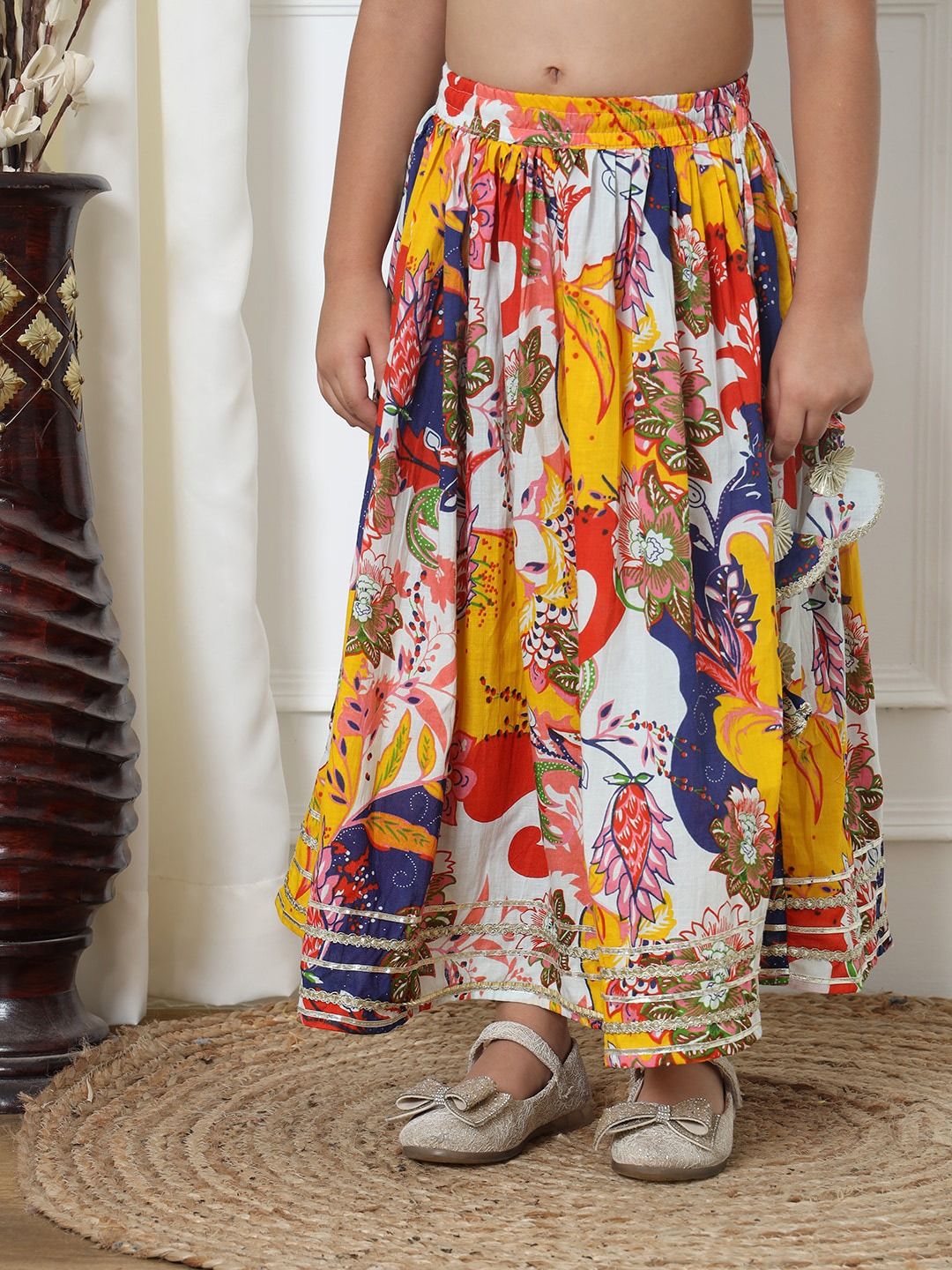 Straight Style Cotton Fabric Yellow Color Printed Lehenga Choli