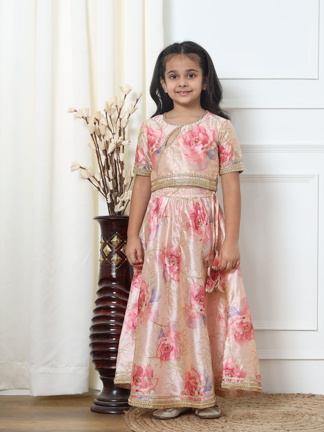 Straight Style Art Silk Fabric Pink Color Printed Lehenga Choli