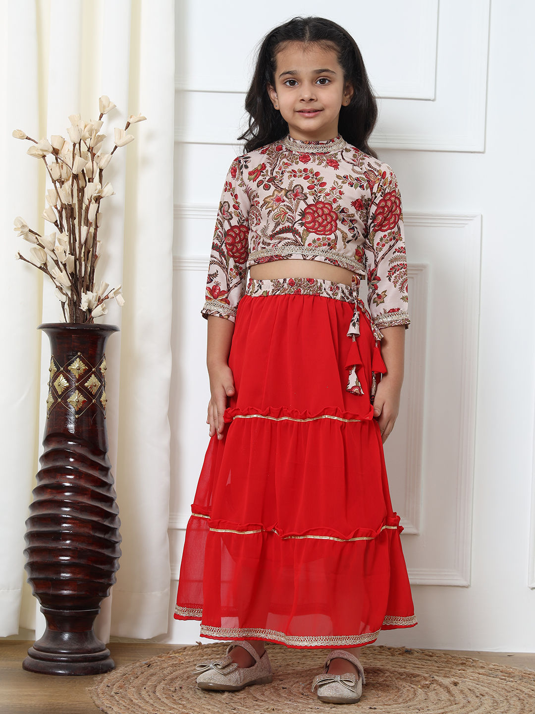 Straight Style Silk Fabric Beige And Red Color Lehenga Choli