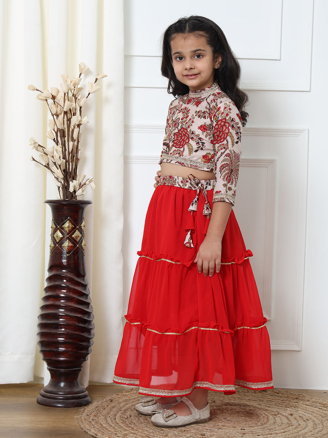 Straight Style Silk Fabric Beige And Red Color Lehenga Choli