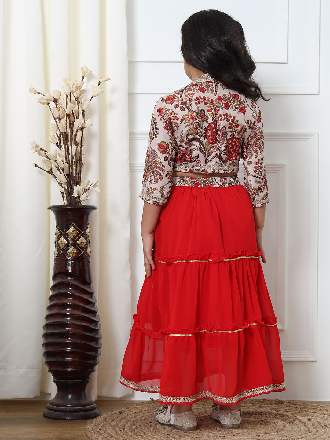 Straight Style Silk Fabric Beige And Red Color Lehenga Choli