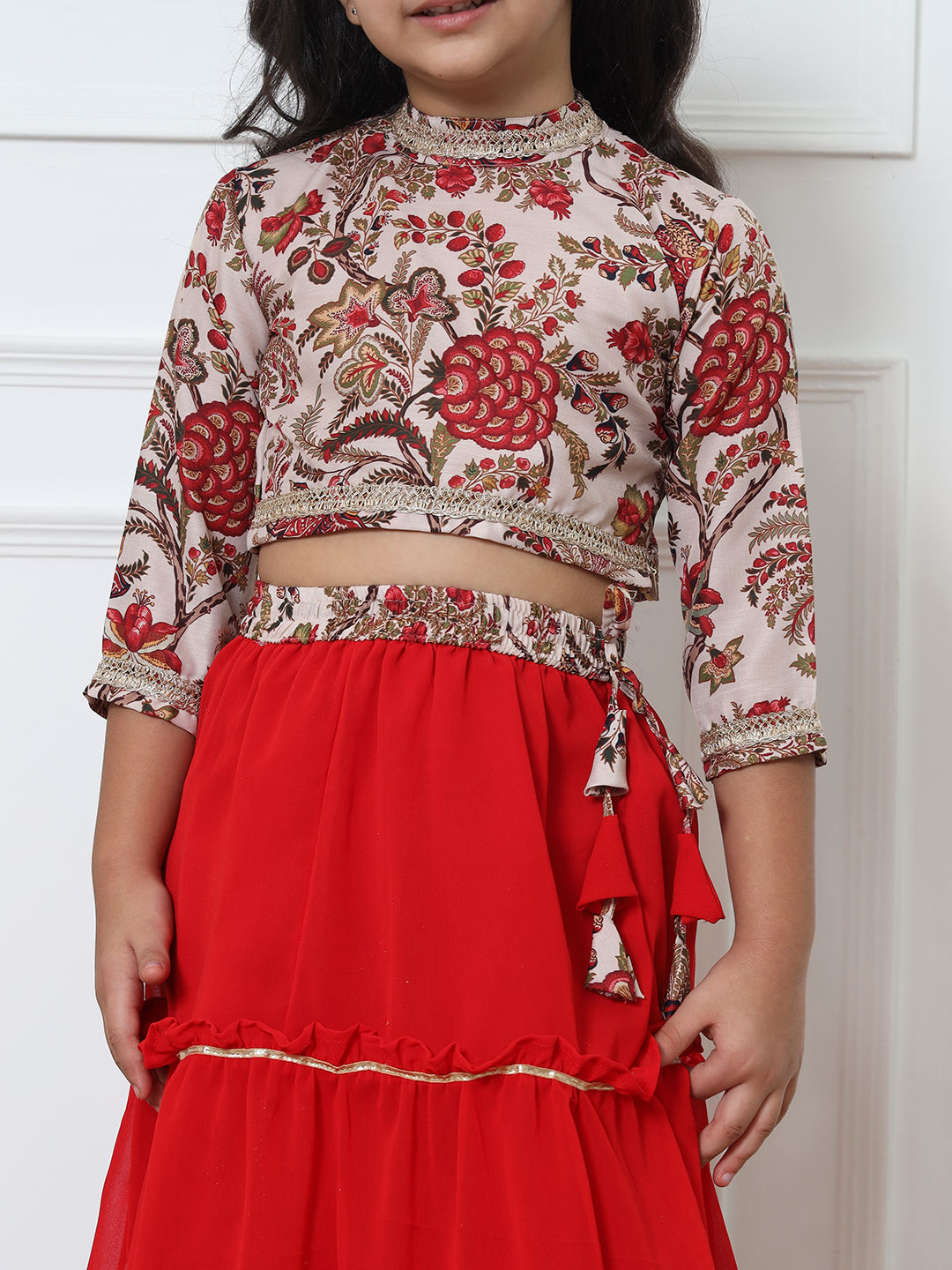Straight Style Silk Fabric Beige And Red Color Lehenga Choli