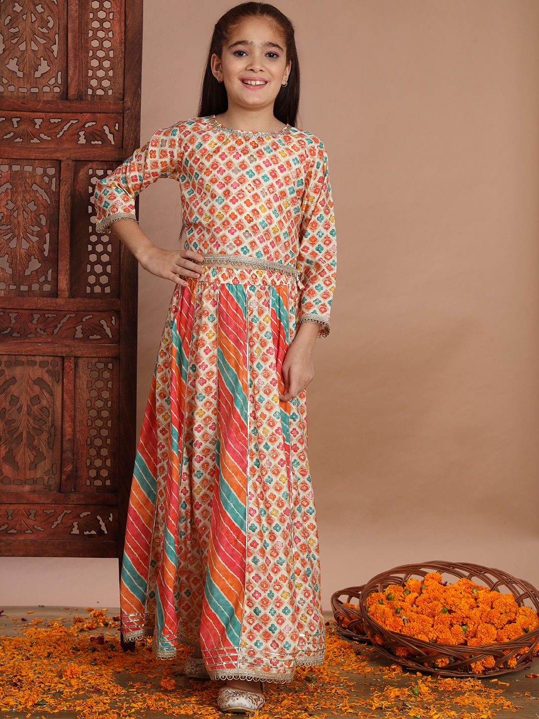 Straight Style Cotton Fabric Orange Color Lehenga Choli