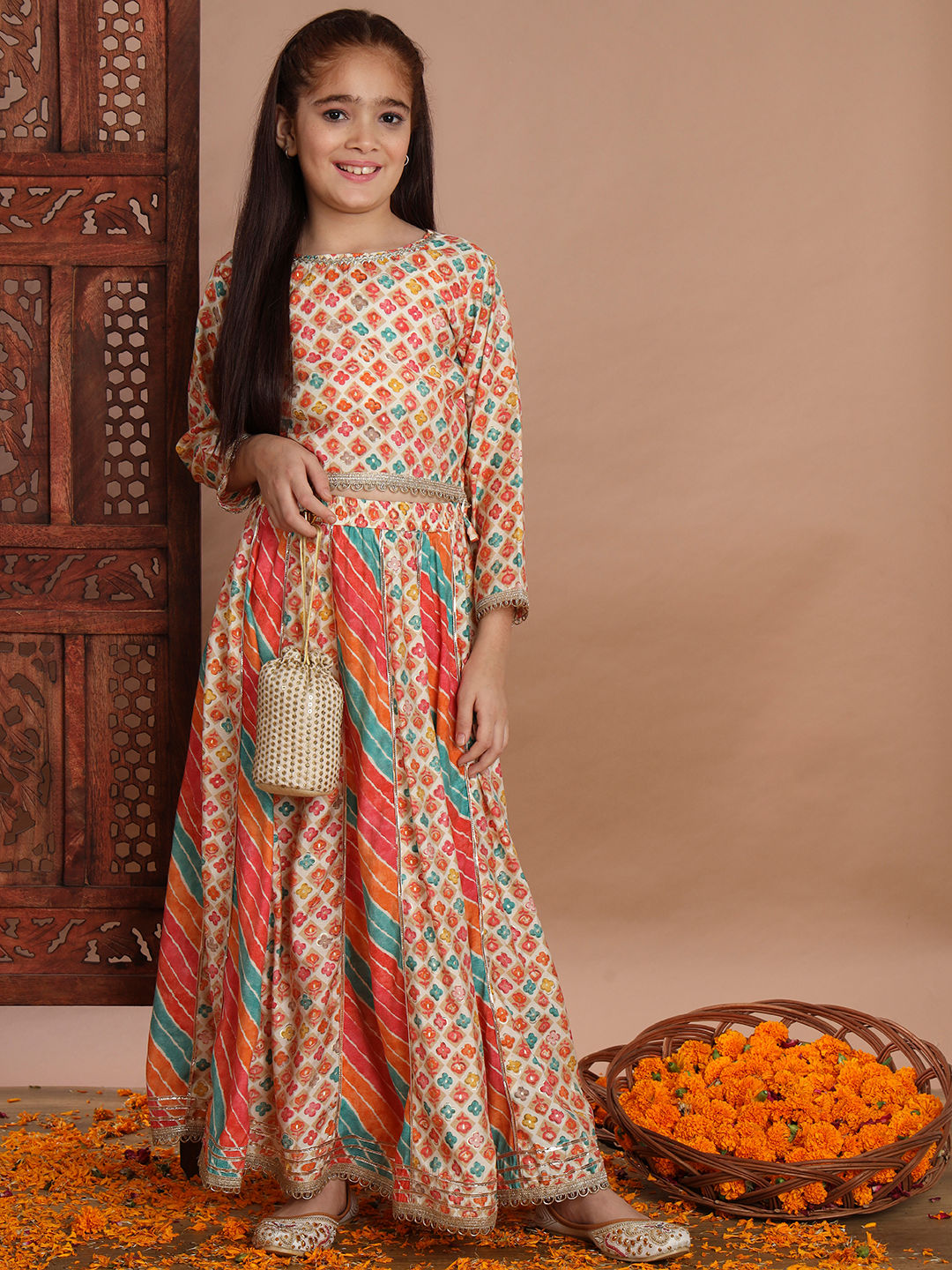 Straight Style Cotton Fabric Orange Color Lehenga Choli