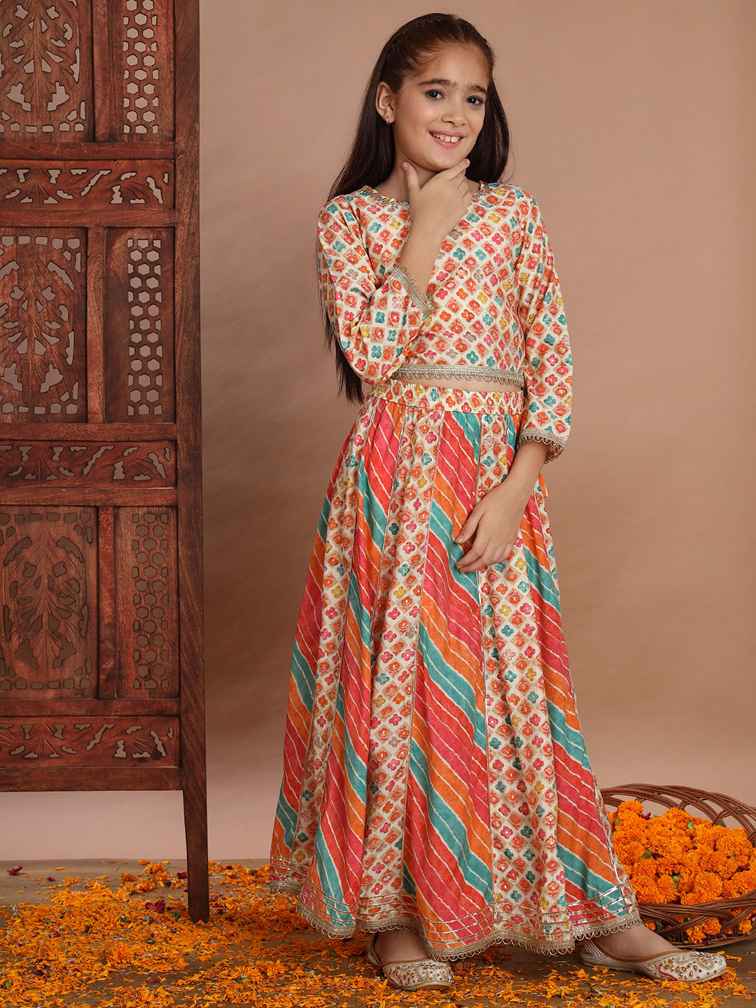 Straight Style Cotton Fabric Orange Color Lehenga Choli