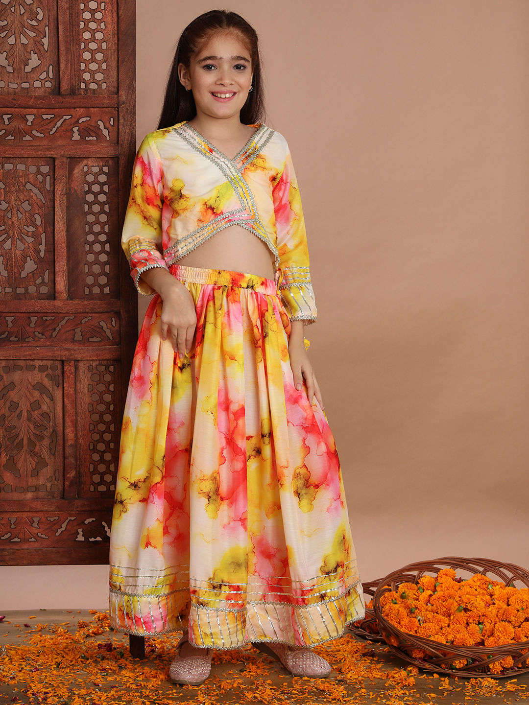Straight Style Silk Fabric Yellow Color Printed Lehenga Choli