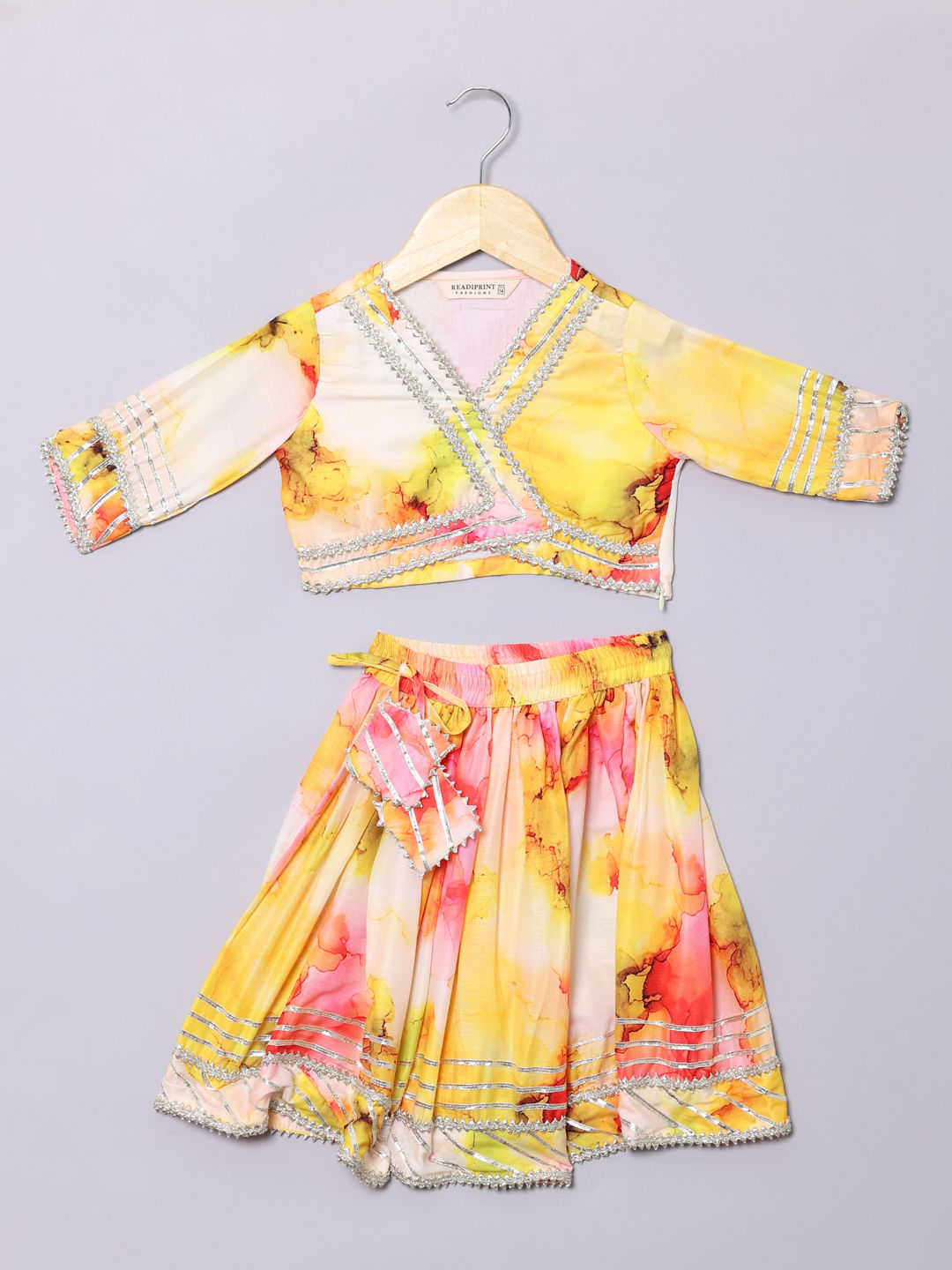 Straight Style Silk Fabric Yellow Color Printed Lehenga Choli