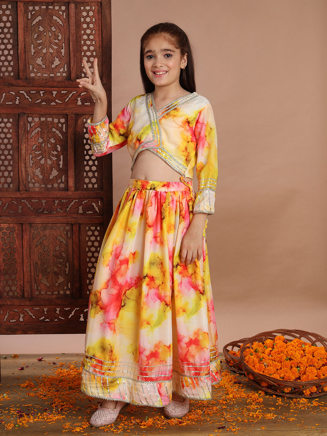 Straight Style Silk Fabric Yellow Color Printed Lehenga Choli