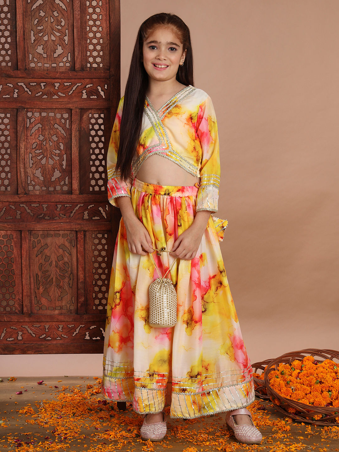 Straight Style Silk Fabric Yellow Color Printed Lehenga Choli