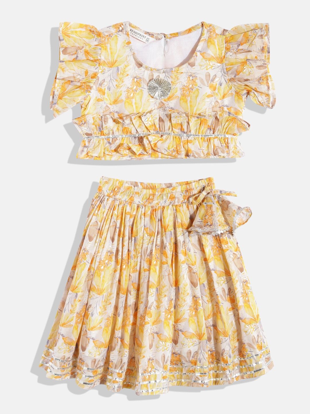 Straight Style Cotton Fabric Yellow Color Printed Lehenga Choli