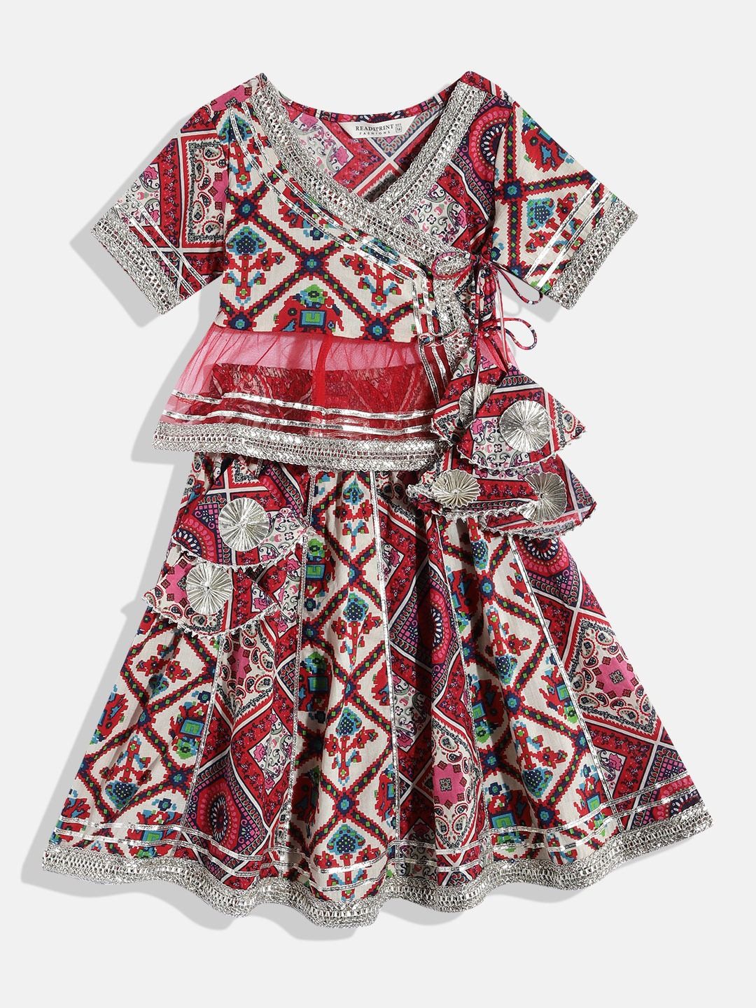 Frilled Style Cotton Red Printed Lehenga Choli