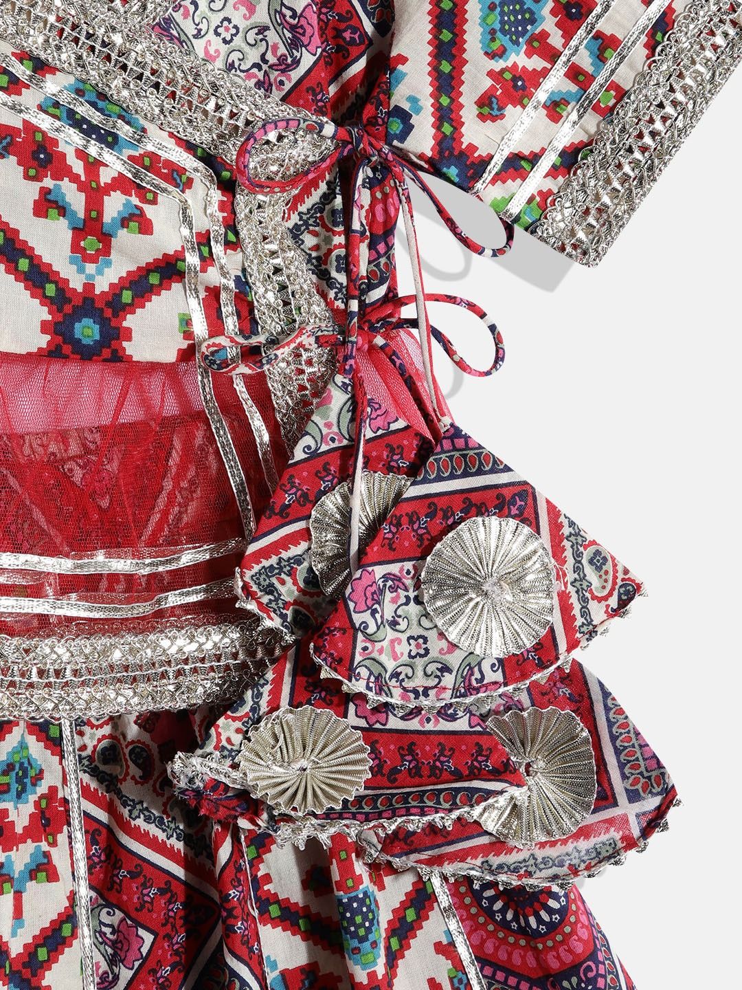 Frilled Style Cotton Red Printed Lehenga Choli